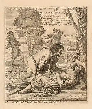  Dans un cadre champêtre, des paysans dansent en farandole après avoir manger un bon repas (table avec aliments à droite). Au premier plan, un homme s'approche d'une femme endormie et lui pose la main sur le sein.