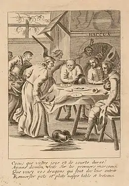 Eau-forte représentant une scène de repas entre quatre hommes que quatre femmes viennent interrompre sous le coup de la révélation d'adultères. L'une tire sur la nappe, faisant tomber la vaisselle tandis que les autres pourchassent les maris infidèles. Lettre en haut sur le manteau de la cheminée : BACCVS. Lettre dans la marge inférieure le commentaire : Cocus que vostre joye est de courte duree ! / A peine donnez vous sur les premiers morceaux / Que voicy vos dragons qui font des leur entrée / Renuerser pots et plats nappe table et treteaux.
