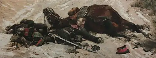 Panorama de la bataille de Champigny, un officier allemand mort près de son cheval expirant, avec à côté de lui un mobile français décédé. Musée de Grenoble.
