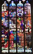 Vitrail : Le Bx Charles de Blois, Duc de Bretagne et ses féaux, Duguesclin et Beaumanoir devant l’image de Notre-Dame des Vertus sont reçus par le révérend prieur du couvent des Cordeliers, XIVe siècle