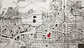 Plan de Podil par Melenski en 1812 : après l'incendie de 1811, les carrés des nouveaux îlots sont tracés. Seules les églises sont préservées et intégrées au plan d'ensemble par des clôtures et des bâtiments conventuels nouveaux.