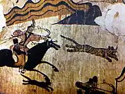 Peinture murale, scène de chasse. Tombe de Muyong, Koguryo. Ve siècle. Ji'an (Jilin), Chine.