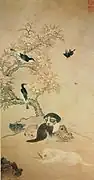 Yi Am. Petits chiots, fleurs et oiseaux. 1500-1550. Encre et couleur légère, papier H. 86&nbsp;cm. Musée d'Art Ho-Am.
