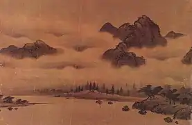 Seo Mun-bo. Paysage. Encre sur soie, fin XVe&nbsp;siècle. Yamatobunkakan, Nara, Japon.