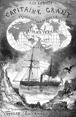 Dessin de couverture montrant un voilier en mer surmontée d'une mappemonde qui sert d'arrière-plan au titre de l'ouvrage.