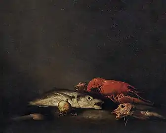 Nature morte aux poissons et au homard, oignon et cuillère en bois, Amsterdam, Rijksmuseum.