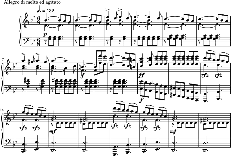 \version "2.18.2"
\header {
tagline = ##f
}
upper = \relative c'' {
\clef treble
\key g \minor
\time 6/8
\tempo 4. = 132
%\autoBeamOff
%%Montgeroult — Étude 111 (pdf p. 197)
\repeat unfold 2 { << { bes4.~ bes8 a g } \\ { d4.~ d } >> }
<< { \repeat unfold 2 { ees'4-> d8\! } } \\ { < bes ees, >4. < bes ees, > } >>
<< { ees4.~ ees4 d8 } \\ { < bes ees, >4.~ < bes ees, > } >>
\repeat unfold 2 { << { c4.~ c8 bes a } \\ { ees4.~ ees } >> }
<< { \repeat unfold 2 { a'4-> gis8 } } \\ { < c, a >4. < c a > } >>
<< { a'4.~ a4 s8 b,4.~ b8 f'' ees < d d, >4.~ < d d, >8 < c c, > < b b, > < c g c, >4\ff < d b d, >8 < ees c ees, >8 q q q q q q q q } \\ { < c, a >4.( a4) c8 f,4.\f f8 f' ees } >>
\repeat unfold 2 { << { d'8(\rfz c bes) bes(\rfz a g) g(\rfz f ees) ees(\rfz d c) < bes g >2.\mf < a fis > } \\ { d4. d g, g r8 d d d d d c d d d d d } >> }
}
lower = \relative c {
\clef bass
\key g \minor
\time 6/8
r8^\p \repeat unfold 2 { < bes' g >8 q < bes g >4. r8 } \repeat unfold 2 { < bes g >4 r8 }
< bes g >8 q \repeat unfold 3 { < bes g >8 }
\repeat unfold 2 { d,8\rest < c' a g >8 q < c a g >4. }
r8 < fis c g >4 r8 < fis c g! >4 r8 < fis c g >8 < fis c g > \repeat unfold 3 { < fis c g >8 }
\repeat unfold 2 { r8 < f d g, >8 q q4. }
< ees ees, >8\f < d d, > < c c, > < bes! bes, > < a a, > < g g, > < fis fis, > < ees ees, > < d d, > < c c, > < bes bes, > < a a, >
\repeat unfold 2 { < g g, >4. < bes bes, > < c c, > < ees ees, > < d d, >2. q }
}
\header {
piece = "Allegro di molto ed agitato"
}
\score {
\new PianoStaff <<
\new Staff = "upper" \upper
\new Staff = "lower" \lower
>>
\layout {
\context {
\Score
%\remove "Metronome_mark_engraver"
}
}
\midi { }
}