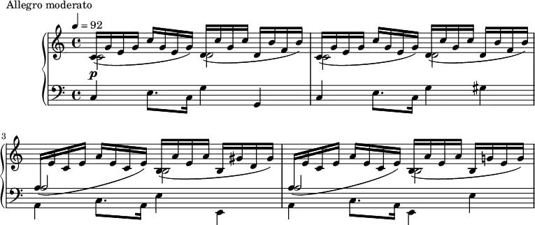 \version "2.18.2"
\header {
tagline = ##f
}
upper = \relative c' {
\clef treble
\key c \major
\time 4/4
\tempo 4 = 92
\override TupletBracket.bracket-visibility = ##f
%%Montgeroult — Étude 2 (pdf p. 18)
s4*0\p \repeat unfold 2 { << { c16_( g' e g c g e g) d_( c' g c d, b' f b) } \\ { c,2 d } >> }
<< { \change Staff = "lower" \stemDown a16_( \change Staff = "upper" e'16 c e a e c e) b_( a' e a b, gis' d gis) } \\ { s2 b,2 } >>
<< { \change Staff = "lower" \stemDown a16_( \change Staff = "upper" e'16 c e a e c e) b_( a' e a b, g'! e g) } \\ { s2 b,2 } >>
}
lower = \relative c {
\clef bass
\key c \major
\time 4/4
c4 e8. c16 g'4 g, c4 e8. c16 g'4 gis
<< {s2 } \\ { a,4 c8. a16 e'4 e, } \\ { a'2 } >> % merci pour la solution élégante !
<< {s2 } \\ { a,4 c8. a16 e4 e'~ } \\ { a2 } >>
}
\header {
piece = "Allegro moderato"
}
\score {
\new PianoStaff <<
\new Staff = "upper" \upper
\new Staff = "lower" \lower
>>
\layout {
\context {
\Score
}
}
\midi { }
}