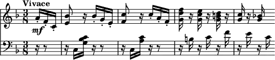 \version "2.18.2"
<<
\new Staff \relative c'' {
\clef "treble"
\tempo "Vivace"
\key f \major
\time 3/8
\partial 8. a16-. \mf f-. c-.
<e bes'>8 r16 bes'-. g-. e-.
<f c'>8 r16 c'-. a-. f-.
<g d' f> r <g c e> r <g b d> r16
<g c> r <g bes!>
}
\new Staff \relative c {
\clef "bass"
\key f \major
\time 3/8
\tempo 4 = 110
\partial 8. r16 r8
r16 c <g' bes c> r r8
r16 c, <a' c> r r8
r16 b r c r f
r e r c
}
>>
