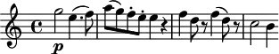 \version "2.18.2"
\header {
tagline = ##f
% composer = "Mozart"
% opus = "K. 622"
% meter = "Allegro"
}
\score {
<<
\relative c'' {
\key a \minor
\time 4/4
\override TupletBracket #'bracket-visibility = ##f
%\autoBeamOff
\tempo 4 = 102
%%%%%% K622
g'2\p e4.( f8) a8( g) f-. e-. e4 r4 f4 d8 r8 f4( d8) r8 c2 b4
}
>>
\layout {
#(layout-set-staff-size 17)
\context { \Score \remove "Metronome_mark_engraver"
\override SpacingSpanner.common-shortest-duration = #(ly:make-moment 1/2)
}
}
\midi { \set Staff.midiInstrument = #"clarinet" }
}