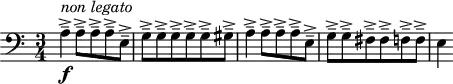 \version "2.18.2"
\header {
tagline = ##f
}
\score {
\new Staff \with {
}
<<
\relative c' {
\clef bass
\key a \minor
\time 3/4
\override TupletBracket #'bracket-visibility = ##f
%%% Prélude thème 1
a4-- ->\f^\markup{ \italic "non legato"} a8-- -> a-- -> a-- -> e-- -> g-- -> g-- -> g-- -> g-- -> g-- -> gis-- -> a4-- -> a8-- -> a-- -> a-- -> e-- -> g-- -> g-- -> fis-- -> fis-- -> f-- -> f-- -> e4
}
>>
\layout {
\context { \Score
\override SpacingSpanner.common-shortest-duration = #(ly:make-moment 1/3)
\remove "Metronome_mark_engraver" }
}
\midi { \tempo 4 = 120 }
}