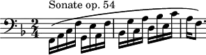 
\version "2.18.2"
\header {
  tagline=##f
}

\score {
  \new Staff \with {

  }
<<
  \relative c {
    \clef bass
    \key f \major
    \time 2/4
    \override TupletBracket #'bracket-visibility = ##f 
    %\autoBeamOff

     %% opus 53
     \stemDown f,16\(^\markup{Sonate op. 54} a c f g, e' a, f' bes, g' c, a' d, bes' e, c' a f8.~\)

  }
>>
  \layout {
     \context { 
       \Score \remove "Metronome_mark_engraver" 
       \override SpacingSpanner.common-shortest-duration = #(ly:make-moment 1/2)
     }
  }
  \midi { \tempo 4=138}
}
