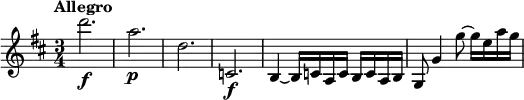 \relative c''' {
\version "2.18.2"
\key d \major
\time 3/4
\tempo "Allegro"
\tempo 4 = 140
d2.\f | a\p | d, | c,\f |
b4~ b16 c a c b c a b |
g8 g'4 g'8~ g16 e a g |
}