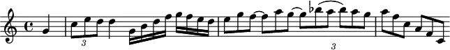 \header {
tagline = ##f
}
\score {
\new Staff \with {
}
<<
\relative c'' {
\key c \major
\time 4/4
\override TupletBracket #'bracket-visibility = ##f
%\autoBeamOff
%%%%%%% K15n
\partial 4 g4 \times 2/3 { c8 e d } d4 g,16 b d f g f e d \times 2/3 { e8 g f~ f a g~ g bes( a bes) a g a f c a f c }
}
>>
\layout {
\context {
\remove "Metronome_mark_engraver"
}
}
\midi {}
}