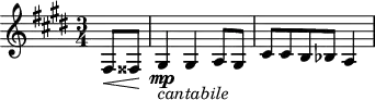 \version "2.18.2"
\header {
tagline = ##f
}
\score {
\new Staff \with {
}
<<
\relative c {
\key e \major
\time 3/4
\tempo 4 = 52
\override TupletBracket #'bracket-visibility = ##f
% thème mvt 2
\partial 4
fis8\< fisis\! gis4\mp_\markup{\italic "cantabile"} gis a8 gis cis cis b bes a4
}
>>
\layout {
\context { \Score \remove "Metronome_mark_engraver" }
}
\midi {}
}