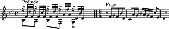 
\version "2.18.2"
\header {
  tagline = ##f
}

\score {
  \new Staff \with {

  }
<<
  \relative c' {
    \key bes \major
    \time 4/4
	\set Staff.midiInstrument = #"harpsichord" 

     %% INCIPIT CBT I-21, BWV 866, si-bémol majeur
     << { r32^\markup{Prélude} f d' f, r32 f c' f, r32 f d' f, r32 a f' a, r32 d,[ bes' d,] } \\ { bes8 a bes[ f] \once \override Staff.TimeSignature #'stencil = ##f \time 2/8
{ 
 % suppression des warnings :
 #(ly:set-option 'warning-as-error #f)
 #(ly:expect-warning (_ "stem does not fit in beam")) %% <= à traduire éventuellement
 #(ly:expect-warning (_ "beam was started here")) %% <= à traduire éventuellement
  \set stemRightBeamCount = #1
  g4*1/2[ s]
}
 } >> \bar ".."
     \time 3/4 \partial 2.
     r8^\markup{Fuge} f'8 g f bes d, c a'16 g bes a g f c'8 ees, 
{ 
 % suppression des warnings :
 #(ly:set-option 'warning-as-error #f)
 #(ly:expect-warning (_ "stem does not fit in beam")) %% <= à traduire éventuellement
 #(ly:expect-warning (_ "beam was started here")) %% <= à traduire éventuellement
  \set stemRightBeamCount = #1
  d4*1/2[ s]
} 
  }
>>
  \layout {
     \context { \Score \remove "Metronome_mark_engraver" 
     \override SpacingSpanner.common-shortest-duration = #(ly:make-moment 1/2) 
}
  }
  \midi {}
}
