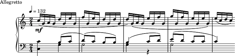 \version "2.18.2"
\header {
tagline = ##f
}
upper = \relative c'' {
\clef treble
\key c \major
\time 2/4
\tempo 4 = 132
\override TupletBracket.bracket-visibility = ##f
%%Montgeroult — Étude 7 (pdf p. 26)
c16(\mf g a g \stemUp d' g, e' g, | f' g, e' g, d' g, d' g, d') g,( a g e' g, f' g, g' g, f' g, e' g, e' g,) e'( c d c)
}
lower = \relative c' {
\clef bass
\key c \major
\time 2/4
< c c, >4 << { b8( c d)( c b b) b4( c8 d) e( d c c c4) } \\ { g4 g2 g4 r4 g2 } >>
}
\header {
piece = "Allegretto"
}
\score {
\new PianoStaff <<
\new Staff = "upper" \upper
\new Staff = "lower" \lower
>>
\layout {
\context {
\Score
}
}
\midi { }
}