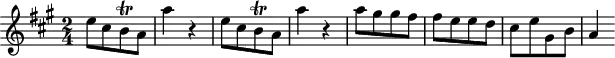 
\header {
  tagline = ##f
}

\score {
  \new Staff \with {

  }
<<
  \relative c'' {
    \key a \major
    \time 2/4
    \override TupletBracket #'bracket-visibility = ##f 
    %\autoBeamOff

     %%%%%%%%%%%%%%%%%%%%%%%%%% K15l
     e8[ cis b\trill a] a'4 r4 e8[ cis b\trill a] a'4 r4 a8[ gis gis fis] fis[ e e d] cis[ e gis, b] a4

  }
>>
  \layout {
    \context {
      \remove "Metronome_mark_engraver"
    }
  }
  \midi {}
}
