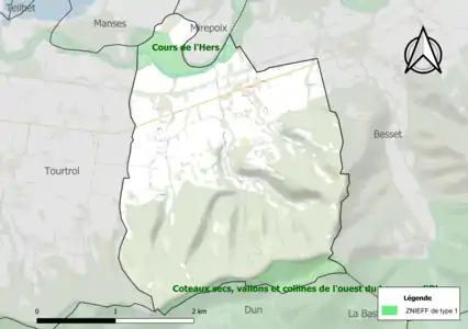 Carte des ZNIEFF de type 1 sur la commune.