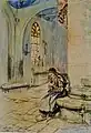 Arthur Midy ː Vieille femme à la chapelle Saint-Fiacre au Faouët (vers 1938, musée du Faouët).