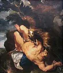 Huile sur toile représentant Prométhée, le foie dévoré par l'aigle du Caucase.