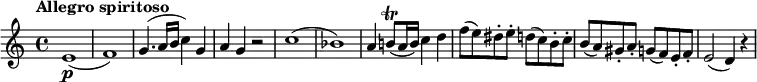 \relative c'' {
\version "2.18.2"
\key c \major
\time 4/4
\tempo "Allegro spiritoso"
e,1\p ( f )
g4. (a16 b c4) g
a g r2
c1 (bes)
a4 b!8\trill (a16 b) c4 d
f8 (e) dis-. e-. d (c) b-. c-.
b (a) gis-. a-. g (f) e-. f-.
e2 (d4) r4
}