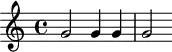 \version "2.18.2"
\header {
tagline = ##f
}
\score {
\new Staff \with {
}
<<
\relative c'' {
\key c \major
\time 4/4
g2 g4 g g2
}
>>
\layout {
\context {
\Score \remove "Metronome_mark_engraver"
}
}
\midi { \tempo 4 = 116}
}
