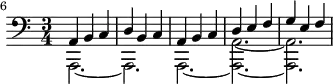 \version "2.18.2"
\header {
tagline = ##f
}
\score {
\new Staff \with {
}
<<
\relative c {
\clef bass
\key a \minor
\time 3/4
\set Score.currentBarNumber = #6
\override TupletBracket #'bracket-visibility = ##f
\bar ""
%%% Prélude thème 2
<< { a4 b c d b c a b c d e f g e f } \\ { a,,2.~ a2. a2.~ < a a' >~ < a a' > } >>
}
>>
\layout {
\context { \Score
\override SpacingSpanner.common-shortest-duration = #(ly:make-moment 1/3)
\remove "Metronome_mark_engraver" }
}
\midi { \tempo 4 = 120 }
}