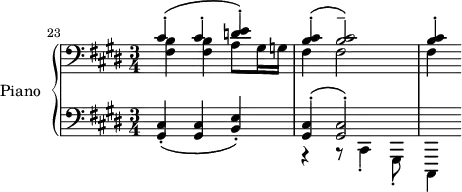\version "2.18.2"
\header {
tagline = ##f
}
upper = \relative c {
\clef treble
\key cis \minor
\time 2/4
\tempo 4 = 56
\tempo ""
\set Score.currentBarNumber = #23
\set Staff.midiInstrument = #"acoustic grand"
\bar ""
\clef bass
<< { cis'4-.\( cis-. < d e >4-.\) < cis b >4-.\( q2--\) q4-. } \\ { < fis, b >4 q a8 gis16 g fis4 fis2 fis4 } >>
}
lower = \relative c {
\clef bass
\key cis \minor
\time 3/4
\set Staff.midiInstrument = #"acoustic grand"
< gis cis >4-.\( q < b e >-.\)
<< { < gis cis >-.\( < gis cis >2-.\) } \\ { r4 r8 cis,4-. gis8-. cis,4 } >>
}
\score {
\new PianoStaff <<
\set PianoStaff.instrumentName = #"Piano"
\new Staff = "upper" \upper
\new Staff = "lower" \lower
>>
\layout {
\context {
\Score
%\override SpacingSpanner.common-shortest-duration = #(ly:make-moment 1/3)
\remove "Metronome_mark_engraver"
}
}
\midi { }
}