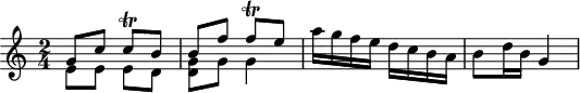 \header {
tagline = ##f
}
\score {
\new Staff \with {
}
<<
\relative c'' {
\key c \major
\time 2/4
\override TupletBracket #'bracket-visibility = ##f
%\autoBeamOff
%%%%%%%%%%%%%%%%%%%%%%%%%% K15b/ K. Anh. 109b n° 2
<< { g8 c c\trill b b f' f\trill e } \\ { e,8 e e d < g d >8 g g4 } >>
a'16 g f e d c b a b8 d16 b g4
}
>>
\layout {
\context {
\remove "Metronome_mark_engraver"
}
}
\midi {}
}