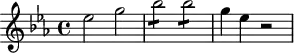 \header {
tagline = ##f
}
\score {
\new Staff \with {
}
<<
\relative c'' {
\key ees \major
\time 4/4
\override TupletBracket #'bracket-visibility = ##f
\autoBeamOff
%%%%%%%%%%%%%%%%%%%%%%%%%% K16
ees2 g bes2:8 bes2:8 g4 ees r2
}
>>
\layout {
\context {
\remove "Metronome_mark_engraver"
}
}
\midi {}
}