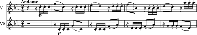 
<<
  \new Staff \with { instrumentName = #"V1 "}  
  \relative c'' {
     \version "2.18.2"
     \key ees \major
     \tempo "Andante"
     \time 2/4
    r4 r16 c16-.\p c-. c-.
   g'8 (c,)  r16 c16-. c-. c-.
   ees8 (d) r16 d16-. d-. d-.
   f8 (b,) r16 b16-. b-. b-.
   d8 (c) r16 aes'16-. aes-. aes-.
  }
  \new Staff \with { instrumentName = #"V2 "}
  \relative c'' {
    \key ees \major
    \time 2/4
    r2 r16 c,16-.\p c-. c-. g'8 (c,)  
   r16 c16-. c-. c-. f8 (aes)
   r16 d,16-. d-. d-. f8 (aes)
   r16 g16-. g-. g-. f8 (d)
  }
>>
