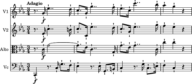 <<
\new Staff \with { instrumentName = #"V1 "} \relative c'' {
\version "2.18.2"
\key ees \major
\tempo "Adagio"
\time 3/4
\tempo 4 = 50
r8.
g16-!\f ees'4..-! d16-!
c8.-! g16-! g'4..-! f16-!
ees8.-! c16-! c'4..-! bes16-!
aes4-! g-! r4
}
\new Staff \with { instrumentName = #"V2 "} \relative c'' {
\key ees \major
\time 3/4
r8.
ees,16-! \f c'4..-! b16-!
c8.-! c,16-! ees'4..-! d16-!
c8.-! g16-! ees'4..-! g16-!
f4-! ees-! r4
}
\new Staff \with { instrumentName = #"Alto "} \relative c'' {
\clef "alto"
\key ees \major
\time 3/4
r8.
c,16-! \f g'2~ g8.-! ees16-! c4..-! g16-!
g'8.-! ees16-! g4..-! c,16-!
c'4-! c-! r4
}
\new Staff \with { instrumentName = #"Vc "} \relative c {
\clef "bass"
\key ees \major
\time 3/4
c,4-! \f r8. c'16-! g'8.-! f16-!
ees4-! r8. ees16-! g,8.-! b16-!
c4-! r8. g'16-! c,8.-! e16-!
f4-! c-! r4
}
>>