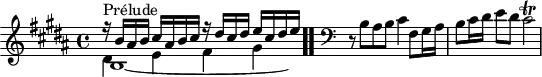\version "2.18.2"
\header {
tagline = ##f
}
\score {
\new Staff \with {
}
<<
\relative c'' {
\key b \major
\time 4/4
\set Staff.midiInstrument = #"harpsichord"
%% INCIPIT CBT I-5, BWV 850, ré majeur
<< { r16^\markup{Prélude} b ais b cis ais b cis r16 dis cis dis e cis dis e } \\ { b,1*15/16~ \hideNotes b16 } \\ { \stemDown dis4 e fis gis } >> \bar ".."
\skip 4*1
\override Staff.Clef.extra-offset = #'( -1 . 0 )
\clef bass
\partial 1
r8 b,8 ais b cis4 fis,8 gis16 ais b8 cis16 dis e8 dis cis2\trill
}
>>
\layout {
#(layout-set-staff-size 17)
\context { \Score \remove "Metronome_mark_engraver"
\override SpacingSpanner.common-shortest-duration = #(ly:make-moment 1/2)
}
}
\midi {}
}