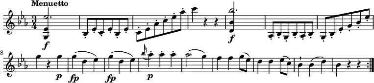 \version "2.14.2"
\relative c' {
\clef "treble"
\tempo "Menuetto"
\key ees \major
\time 3/4
\tempo 4 = 170
<<{<g ees'>4\f s2 } \\ { \stemUp ees''2.}>>
bes,8-. ees-. c-. ees-. bes-. ees-.
\stemDown c-. ees-. aes-. c-. ees-. aes-.
c4 r4 r4
<<{<d,, bes'>4\f s2 } \\ { \stemUp bes''2.}>>
\stemUp aes,,8-. bes-. g-. bes-. aes-. bes-.
g-. bes-. ees-. g-. bes-. ees-.
\stemDown g4 r4 g\p
g\fp (d es)
g\fp (d es)
\grace bes'16 (aes4)-.\p aes-. aes-.
aes2 (g4)
f f g8 (ees)
d4 d ees8 (c)
bes4-! bes (d)
bes r4 r4 \bar ":|."
}