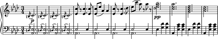 
 \relative b' {
 \new PianoStaff <<
  \new Staff { \key f \minor \time 3/4
  \set Score.tempoHideNote = ##t \tempo "" 2. = 48
    \slashedGrace b,8( c2.) \slashedGrace b8( c2.) \slashedGrace b8( c2.) \slashedGrace b8( c2.) <ees c'>8 r <ees c'>4. <ees c'>8 <ees c'>( ees' aes,4) aes <ees c'>8 r <ees c'>4. des'8 ees[( c'] aes) r aes r <des, ees g bes>2.\pp <c ees aes> <g bes des f> <aes c ees>
  }
  \new Dynamics {
  s\p
  }
  \new Staff { \key f \minor \time 3/4 \clef bass
  <<
   { \slashedGrace d,,8( <ees aes,>2.) \slashedGrace d8( <ees aes,>2.) \slashedGrace d8( <ees aes,>2.) \slashedGrace d8( <ees aes,>2.) \stemUp ees2 ees4 ees2 ees4 ees2 ees4 ees2 ees4 }
  \\
   {s2. s s s aes, aes aes aes}
  >>
{ees'4 <g des'> <g des'> aes, <ees' aes c> <ees aes c> ees4 <g des'> <g des'> aes, <ees' aes c> <ees aes c> }
   }
 >>
 }
