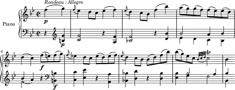 \version "2.18.2"
\header {
tagline = ##f
}
upper = \relative c' {
\clef treble
\key bes \major
\time 2/2
\tempo "Allegro" 4 = 140
\partial 2 f'4 \p ^\markup{ \italic {Rondeau : Allegro} } (g)
\grace f8 (ees4) d8 c ees4 (f)
\grace ees8 (d4) c8 bes f'4 (bes)
a8 (g) g (f) f (ees) ees (d)
d4 (c) f8\f (e) f (g)
\grace f8 (ees!4) d8 c ees (d) ees (f)
\grace ees8 (d4) c8 bes bes (d) f (bes)
bes (g) ees c) \grace {bes32 (c d} c2) \trill
bes4
}
lower = \relative c {
\clef bass
\key bes \major
\time 2/2
\partial 2 r4 \clef treble <b' g'>4 \p
<c g'>2 r4 <a f'>4
<bes! f'>2 r4 <d bes'>4
<<{\stemDown ees4 d c bes f'2 } \\ { \stemUp bes2 a4 bes bes (a))}>> r4 \clef bass
<b,, b'>4 \f <c c'> <ees ees'> r <a, a'>
<bes! bes'!> <d d'> r <d bes'>
<ees bes'> <<{\stemDown g4 f2 bes,4 } \\ { \stemUp bes'2 a4 bes}>>
}
\score {
\new PianoStaff <<
\set PianoStaff.instrumentName = #"Piano"
\new Staff = "upper" \upper
\new Staff = "lower" \lower
>>
\layout {
\context {
\Score
\remove "Metronome_mark_engraver"
}
}
\midi { }
}