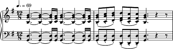 \version "2.18.2"
\header {
tagline = ##f
}
upper = \relative c'' {
\clef treble
\key g \major
\time 12/8
\tempo 4. = 69
%\override TupletBracket.bracket-visibility = ##f
%%Schubert — Fantaisie D.894
\repeat unfold 2 { < b g b, >4.~ < b g b, >4~ < b g b, >16 < a fis c > }
< b g b, >8-.( < c a c, >-. < d b d, >-.) < d fis, d >-.( < c fis, c >-. q) < b g b, >4. r4 r8
}
lower = \relative c {
\clef bass
\key g \major
\time 12/8
\repeat unfold 2 { < d g, >4.~ < d g, >4~ < d g, >16 < d g, > }
< d g, >8-.( q-. q-.) < d d, >-.( q-. q-.) < d g, >4. r4 r8
}
\header {
piece = ""
}
\score {
\new PianoStaff <<
\new Staff = "upper" \upper
\new Staff = "lower" \lower
>>
\layout {
\context {
\Score
}
}
\midi { }
}