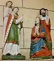 La chapelle Saint-Sébastien de Garnilis : groupe sculpté de saint Mathurin et Théodora (1er quart du XVIe&nbsp;siècle).