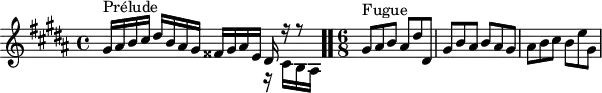 \version "2.18.2"
\header {
tagline = ##f
}
\score {
<<
\relative c'' {
\key gis \minor
\time 4/4
\set Staff.midiInstrument = #"harpsichord"
%% INCIPIT CBT II-18, BWV 887, sol-dièse mineur
<< { s8*0^\markup{Prélude} gis16 ais b cis dis b ais gis fisis gis ais e dis r16 r8 } \\ { s2. r16 cis b ais } >> \bar ".."
\time 6/8
s8*0^\markup{Fugue} gis'8 ais b ais dis dis, | gis b ais b ais gis ais b cis b e gis,
}
>>
\layout {
\context { \Score \remove "Metronome_mark_engraver"
\override SpacingSpanner.common-shortest-duration = #(ly:make-moment 1/2)
}
}
\midi {}
}