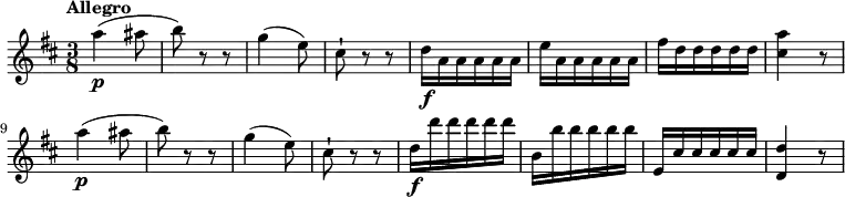 \relative c'' {
\clef "treble"
\tempo "Allegro"
\key d \major
\time 3/8
a'4\p (ais8 b) r8 r8
g4 (e8) cis-!) r8 r8
d16\f a a a a a
e' a, a a a a
fis' d d d d d
<<cis4 a'>> r8
a4\p (ais8 b) r8 r8
g4 (e8) cis-!) r8 r8
d16\f d'd d d d
b, b' b b b b
e,, cis' cis cis cis cis
<<d,4 d'>> r8
}