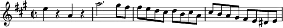 \version "2.18.2"
\header {
tagline = ##f
}
\score {
\new Staff \with {
}
<<
\relative c'' {
\key a \major
\time 2/2
\tempo 2 = 120
\override TupletBracket #'bracket-visibility = ##f
%%Mozart — Concerto 23, mvt 3, th. 1
e4 r4 a, r4 a'2. gis8 fis fis e d cis d b cis a cis b a gis fis e dis e
}
>>
\layout {
\context { \Score \remove "Metronome_mark_engraver" }
}
\midi {}
}