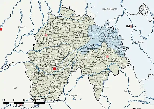 Le Cantal est découpé en deux bassins DCE : Adour-Garonne et Loire-Bretagne.