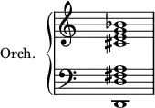 \version "2.18.2"
\header {
tagline = ##f
}
%%%%%%%%%% KEYS %%%%%%%%%%%%%
global = { \time 4/4 \hide Staff.TimeSignature }
Key = { \key c \major }
%% main droite
rhUpper = \relative c'' {
\voiceOne
\Key
< g bes >1
}
rhLower = \relative c' {
\voiceTwo
\Key
< cis e >1
}
%% main gauche
lhUpper = \relative c' {
\voiceOne
\Key
< fis, a >1
}
lhLower = \relative c {
\voiceTwo
\Key
< d, d' >1
}
PianoRH = {
\clef treble
\global
\set Staff.midiInstrument = #"acoustic grand"
<<
\new Voice = "one" \rhUpper
\new Voice = "two" \rhLower
>>
}
PianoLH = {
\clef bass
\global
\set Staff.midiInstrument = #"acoustic grand"
<<
\new Voice = "one" \lhUpper
\new Voice = "two" \lhLower
>>
}
piano = {
<<
\set PianoStaff.instrumentName = #"Orch."
\new Staff = "upper" \PianoRH
\new Staff = "lower" \PianoLH
>>
}
\score {
\new PianoStaff <<
\new PianoStaff = "piano" \piano
>>
\layout {
\context {
\Score
\remove "Metronome_mark_engraver"
}
}
\midi { }
}