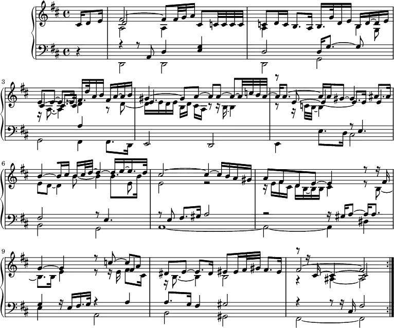 
\version "2.18.2"
\header {
  tagline = ##f
}
upper = \relative c' {
  \clef treble 
  \key d \major
  \time 4/4
  \tempo 4 = 38

   %%Froberger — Meditation
   \partial 4 cis16 d8 e16
   << { fis2~ fis8[ fis32 g a16] cis,8 c!32 c c c } \\ { a2 a4 } \\ { d2 } >>
   << { c8 d16 c b8. a16 b16. g'32 d16 e b[ d~ d e] } \\ { s2. s8 \stemDown g,8 } \\ { \stemDown a4 s2 b4 } >>
   << { e8 e~ e8. e16 fis16. d'32 a16 b fis a~ a b } \\ { r16 a,8._~ a4 d4 r8 d8~ } \\ { cis4~ cis8.~ cis16 } >>
   << { gis'4~ gis8 a~ a a~ a~ a32 c b a~ } \\ { d,16 e d e b[ d] cis[ a] r8 r16 b16~ b4 } \\ { e4. } >>
   << { a16 a8.~ a16 a gis8~ gis4 ais8. ais16 } \\ { r8 r16 c,32 b~ b4 } \\ { r8 e8~ e4_~ e8. e16 e4~ } >>
   << { b'4~[ b16[ cis] b16 cis32 d~] d4~ d16[ e~ e16. d32] } \\ { e,8 d~ d4 s4 s8 e8 } \\ { \stemDown s4. b'8_~ b4 b8. b16 } >>
   << { cis2~ cis4~ cis16 b a gis } \\ { e2 r2 } >>
   << { a8 fis d e~ e4 r8 r16 fis16 } \\ { r16 e fis cis d b~ b b cis4 r8 b8~ } >>
   << { g'4~ g r8 c8~ c[ a] } \\ { \mergeDifferentlyHeadedOn b,8. b16 e4 r8 r16 e16 fis8. cis16 } \\ {  \mergeDifferentlyDottedOn s2. fis4 } >>
   << { dis8 e~ e8. dis16 eis8[ eis16 fis32 gis] fis8. eis16 } \\ { r16 b8.~ b4 b2 } >>
   << { fis'2~ fis } \\ { r4 ais,4~ ais2 } \\ { r8 r16 cis16~ cis4~ cis2 } >> \bar ":|."

}

lower = \relative c {
  \clef bass
  \key d \major
  \time 4/4

   r4 << { r4 r8 a8 d4 < g e >4 } \\ { d,2 d } >>
   << { d'2 d16 g8.~ g8 } \\ { d,2 g } >>
   << { s2 a'4 s4 } \\ { g,2 fis4 fis8. d16 } >>
   e2 d
   << { s2 r8 e'4. } \\ { e,4 e'8. d16 cis2 } >>
   << { fis2 } \\ { b,2 } >>
   << { r8 e4. } \\ { g,2 } >>
   << { r8 e'8 fis8. gis16 a2 } \\ { a,1~ } >>
   << { r2 r16 gis'16 a8~ a16 a8. } \\ { a,2~ a4 dis } >>
   << { g4 r16 e16 fis16. g32 r4 a4 } \\ { e4 s4 a,2 } >>
   << { a'8. g16 fis4 gis2 r4 r8 r16 cis,16 fis2 } \\ { b,2 gis fis~ fis } >>

}

  \header {
    piece = ""
  }

\score {
  \new PianoStaff <<
    \new Staff = "upper" \upper
    \new Staff = "lower" \lower
  >>
  \layout {
      #(layout-set-staff-size 17)
    \context {
      \Score
      \remove "Metronome_mark_engraver"
     \override SpacingSpanner.common-shortest-duration = #(ly:make-moment 1/2)
    }
  }
  \midi {   \set Staff.midiInstrument = #"harpsichord" }
}
