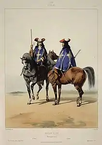 Mousquetaires du Roi, planche en couleurs du XIXe siècle.