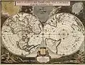 Planiglobi 1672 avec la Californie encore notée comme île et la côte inconnue de l'Est de l'Australie. Réédité en 1695 par G.&nbsp;Valck.