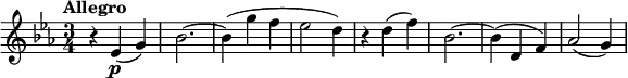 \version "2.14.2"
\relative c' {
\clef "treble"
\tempo "Allegro"
\key ees \major
\time 3/4
\tempo 4 = 140
r4 ees4\p (g)
bes2. ~
bes4 (g' f
ees2 d4)
r4 d4 (f)
bes,2. ~
bes4 (d, f)
aes2 (g4)
}