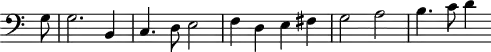 \version "2.18.2"
\header {
tagline = ##f
}
\score {
\new Staff \with {
\remove "Time_signature_engraver"
}
\relative c {
\key c \major
\time 2/2
\tempo 2 = 60
\clef bass
%\set Score.currentBarNumber = #30
\override Rest #'style = #'classical
\set Staff.midiInstrument = #"harpsichord"
% Continuo - DTO p. 60
\partial 8 g'8 | g2. b,4 | c4. d8 e2 | f4 d4 e fis | g2 a | b4. c8 d4
}
\layout {
\context {
\Score
\remove "Metronome_mark_engraver"
}
}
\midi {}
}