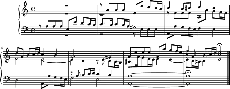 
\version "2.18.2"
\header {
  tagline = ##f
}

SujetLa = { a8 a a e[ e'] d c16 b }
SujetMi = { e8 e e a,[ a'] g f16 e }

upper = \relative c'' {
  \clef treble 
  \key a \minor
  \time 3/4
  \tempo 4 = 78
  \set Staff.midiInstrument = #"recorder"

   %% Ficher fugue en la
   << { R1 r8 \SujetLa c4 b8 cis d4 cis d8 a b[ c16 d] c4 b } \\ { R1 b,1\rest \relative c' r8 \SujetMi f2  e2~ } >>
   << { a2. gis4 a8 \relative c'' \SujetMi f'2 < e cis >2\fermata } \\ { e,4 d r8 e8 d8[ c16 b] cis8. a'16 g8 f16 e f4 e~ e8 d16 cis d4 e2 } \\ { s1*2 b'8\rest a8 b[ cis16 d] } >>
   \bar "|."

}

lower = \relative c' {
  \clef bass
  \key a \minor
  \time 2/2
  \set Staff.midiInstrument = #"recorder"

   << { r8 \SujetLa c8.[ b16] c8 b16 a gis2 } \\ { R1 r2 r8 \SujetMi f4 e } >>
    d2 a8[ a'] g f16 e 
   << { r8 a8 b[ c16 d] c4 b  } \\ { f2 e } >>
   < a a, >1~ q\fermata

}

  \header {
    piece = ""
  }

\score {
  \new PianoStaff <<
    \new Staff = "upper" \upper
    \new Staff = "lower" \lower
  >>
  \layout {
    \context {
      \Score
      \remove "Metronome_mark_engraver"
    }
  }
  \midi { }
}
